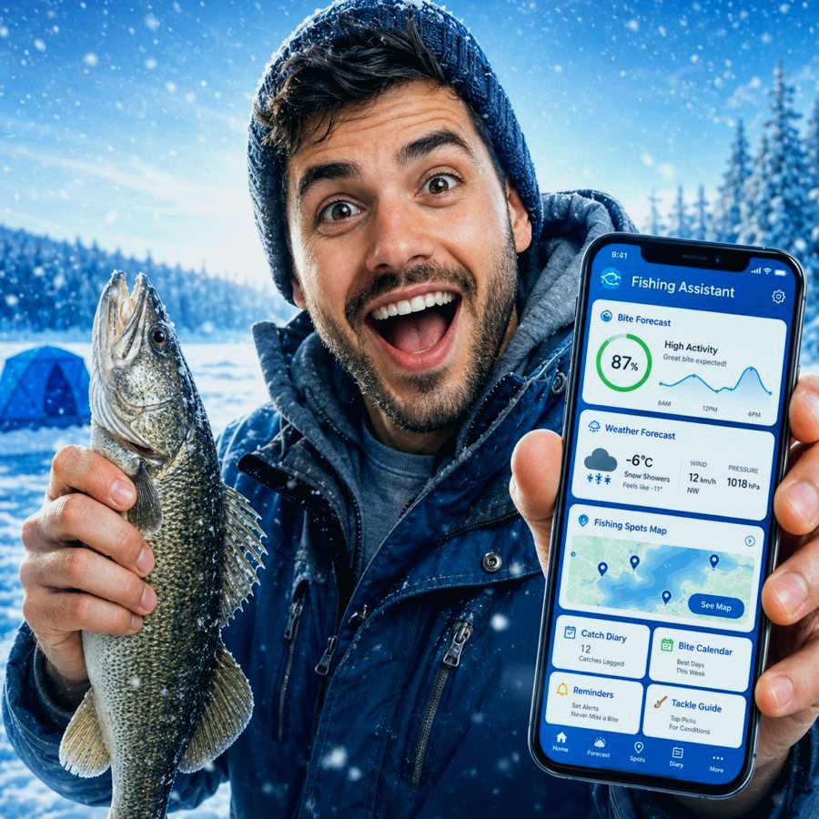 Fishing Assistant app screen with forecast and map