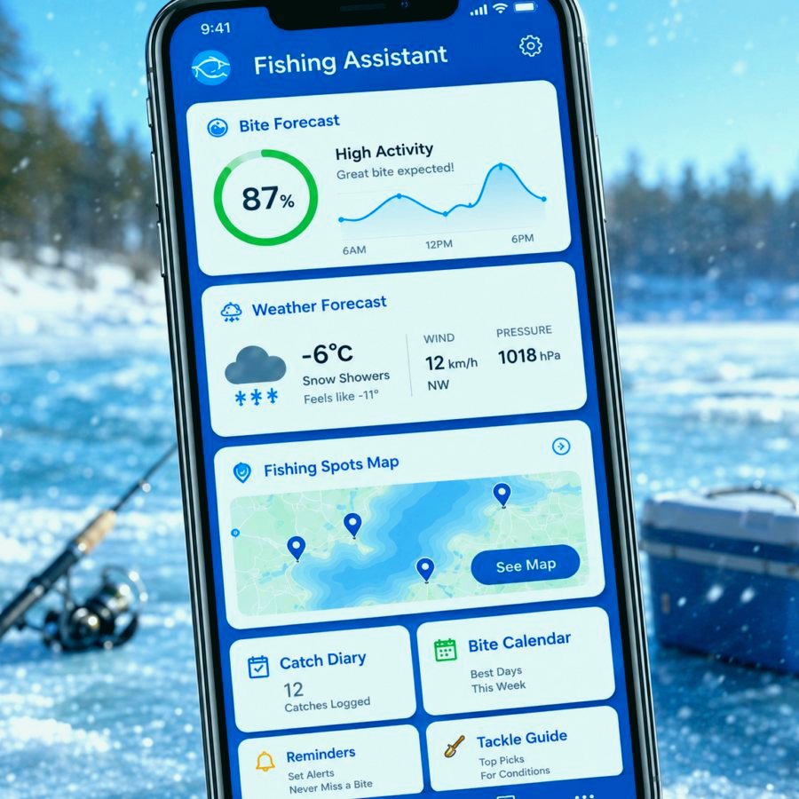 Fishing map screen with saved spots